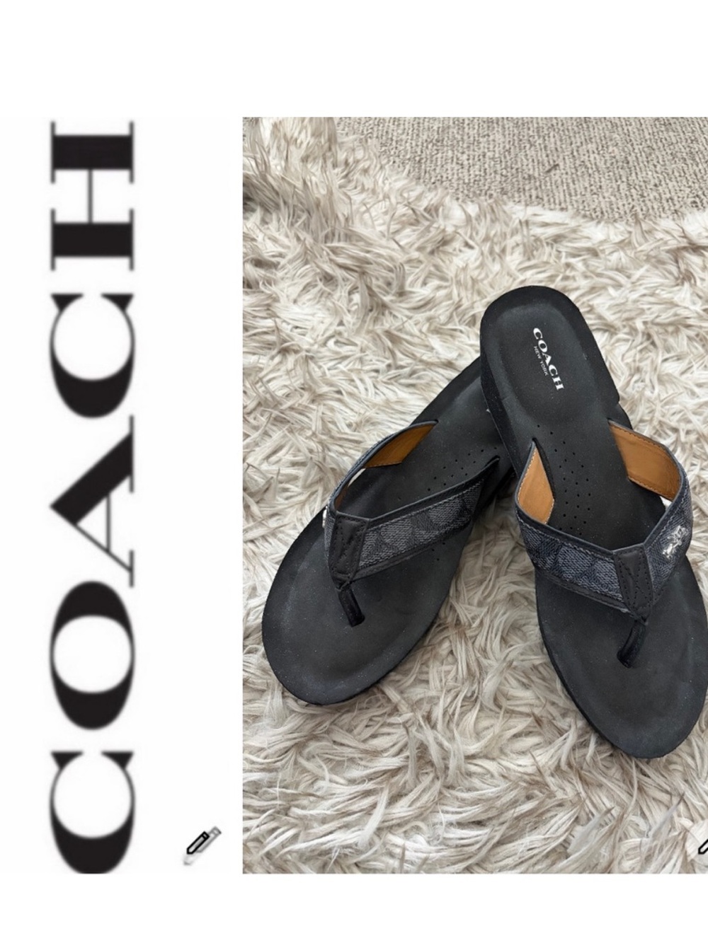 Coach Black LogoLeather Thong Sandals